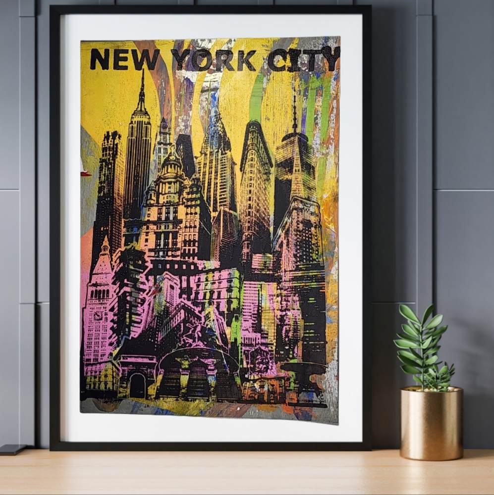 1/1, Handmade!!! 'NYC Skyline' Monoprint Poster. 19 x 13". Multi-color